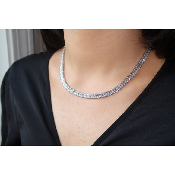 Diamond Tennis Necklace, CZ Tennis Necklace Choker, Baguette Tennis Necklace - Picture 4 of 9